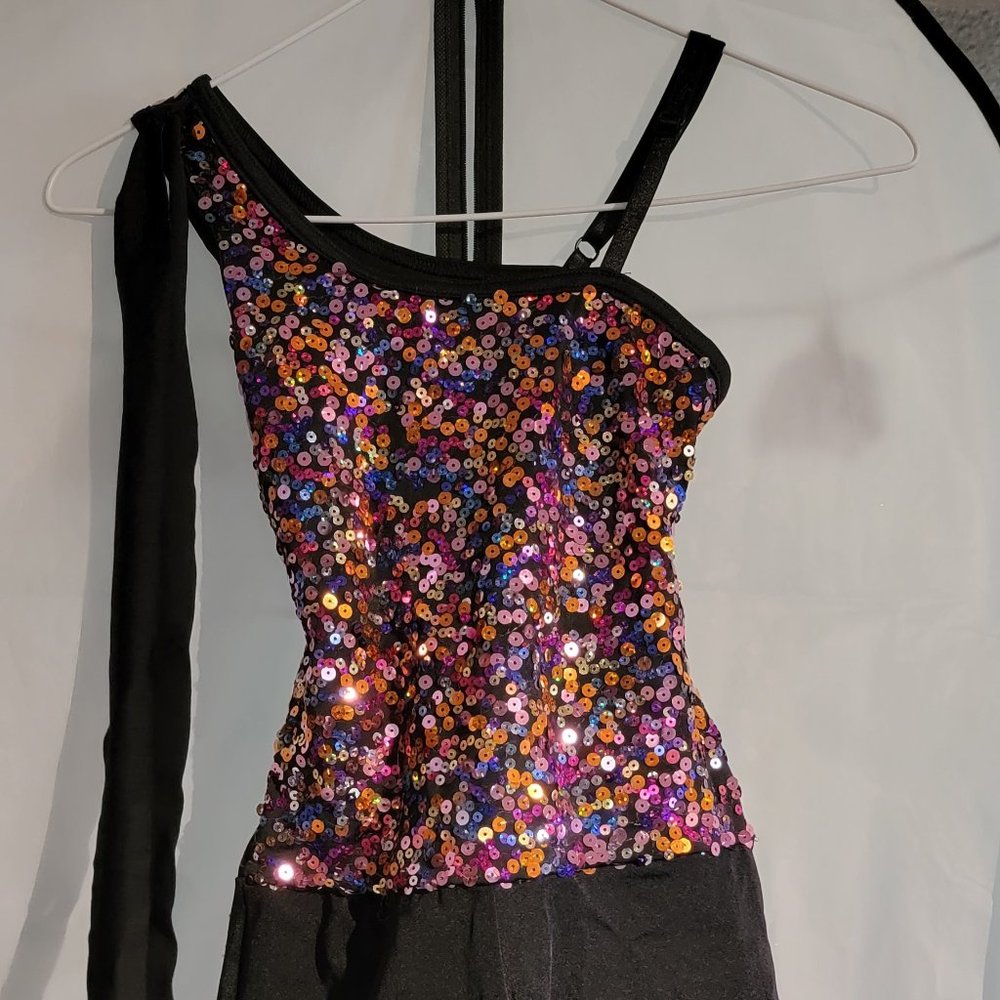 Multi-colored Sequin Shortie Unitard w/Pink/Purple Tutu Skirt & Matching Leggin